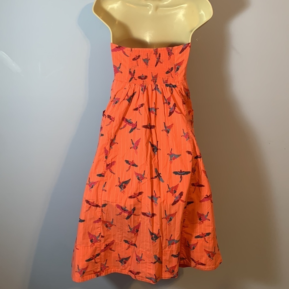 Free people coral pin stripe Orange Parrots bird Print Strapless Dress pockets 6 - Picture 4 of 8